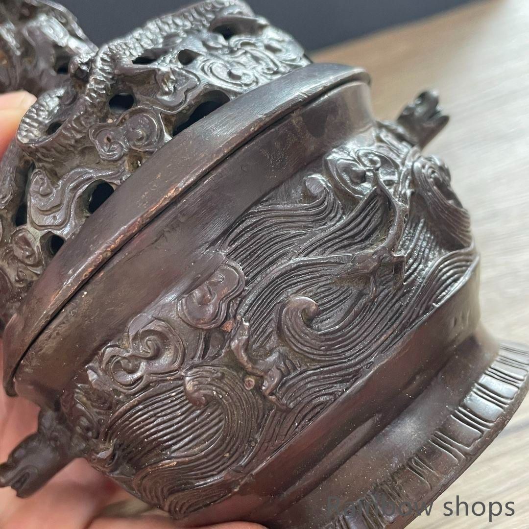 銅器 双獣耳浮彫盤竜薫香炉 香道具 茶道具 工芸品 置物 香炉 双獣耳浮彫盤竜薫香炉 香具 仏堂香炉 工芸品 銅製品 置物