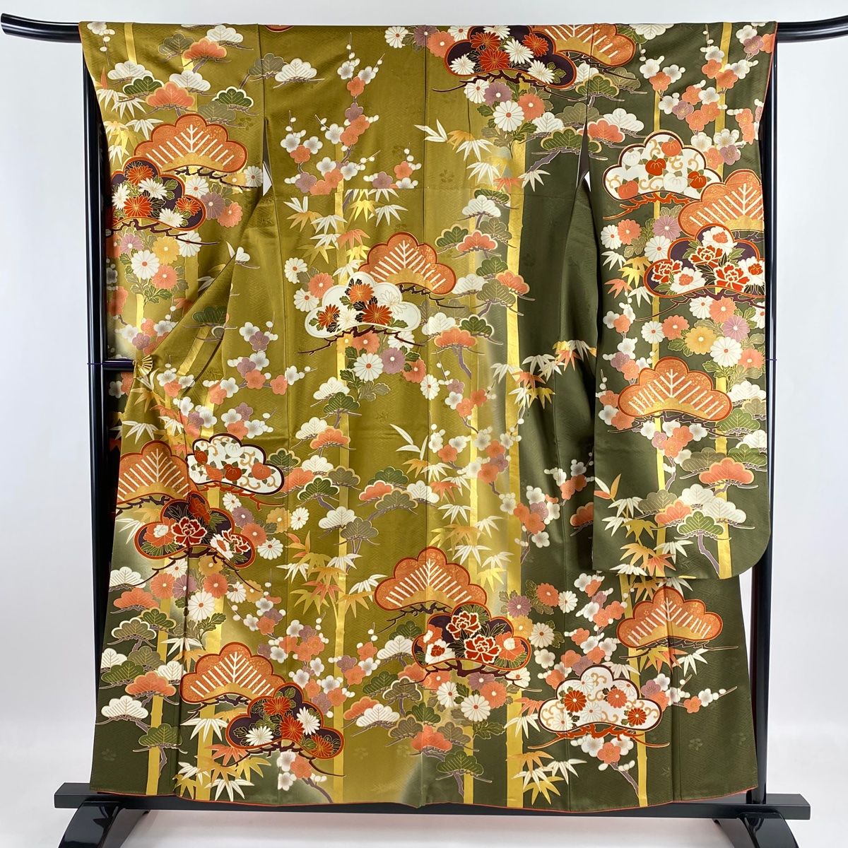 振袖 名品 松竹梅 菊 金彩 茶緑色 袷 身丈157cm 裄丈65cm M 正絹-