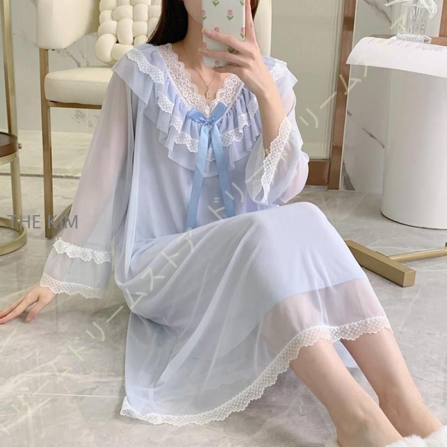 かわいい シースルー ゆったり ネグリジェ 上品 ラウンドネック レース レディース スリップ 女性 ルームワンピース ネグリジェ 寝巻き ルームウェア 部屋着 min