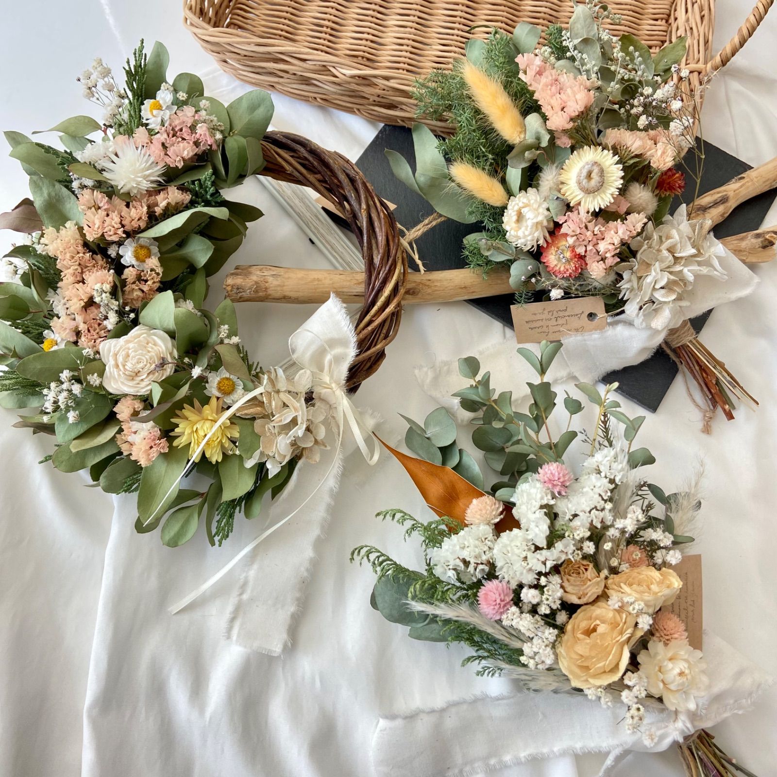 再販】ドライフラワーオレンジハーフリース ユーカリスターチス