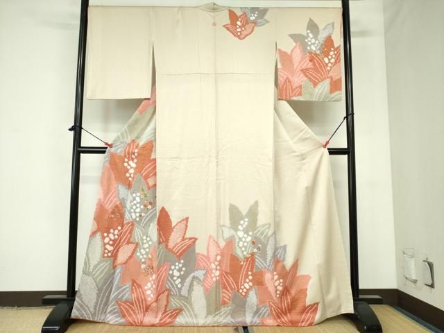 平和屋着物▽訪問着 単衣 草花文 金彩 正絹 逸品 AAAZ9397fy