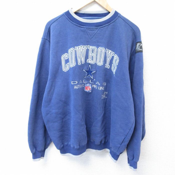 XL/古着 長袖 スウェット メンズ 00s NFL ダラスカウボーイズ 刺繍 大きいサイズ クルーネック 薄紺 ネイビー アメフト スーパーボウル 23d