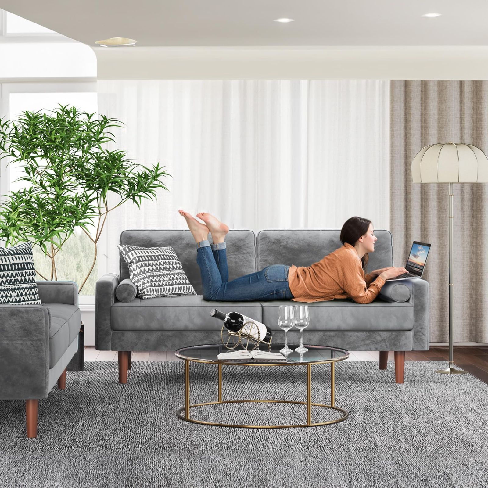 在庫処分】ベルベット 北欧 3人用ソファ ポケットコイル仕様 3人掛け 3人