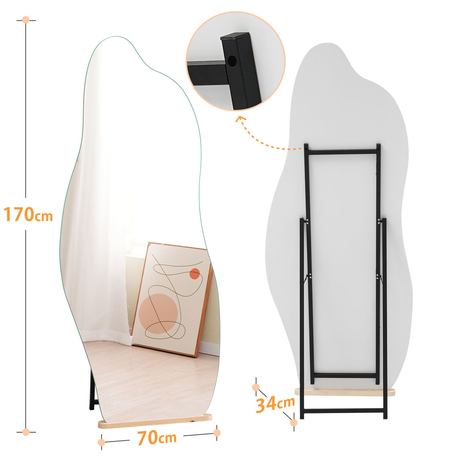 お見逃しなく。 全身鏡 姿見鏡 スタンドミラー ノンフレーム イレギュラミラー 立てかけ 姿見 鏡 ミラー おしゃれ 大型 飛散防止 木製台あり 170*70CM