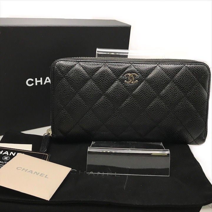 美品 シャネル キャビアスキン 長財布 マトラッセ ココマーク シール ブラック CHANEL】◇シャネル キャビアスキン 長財布 マトラッセ ココ