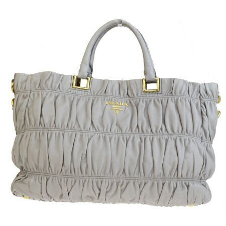 【中古】 中美品 プラダ PRADA トートバッグ ハンド ギャザー ベージュ グレー レザー 37EQ208