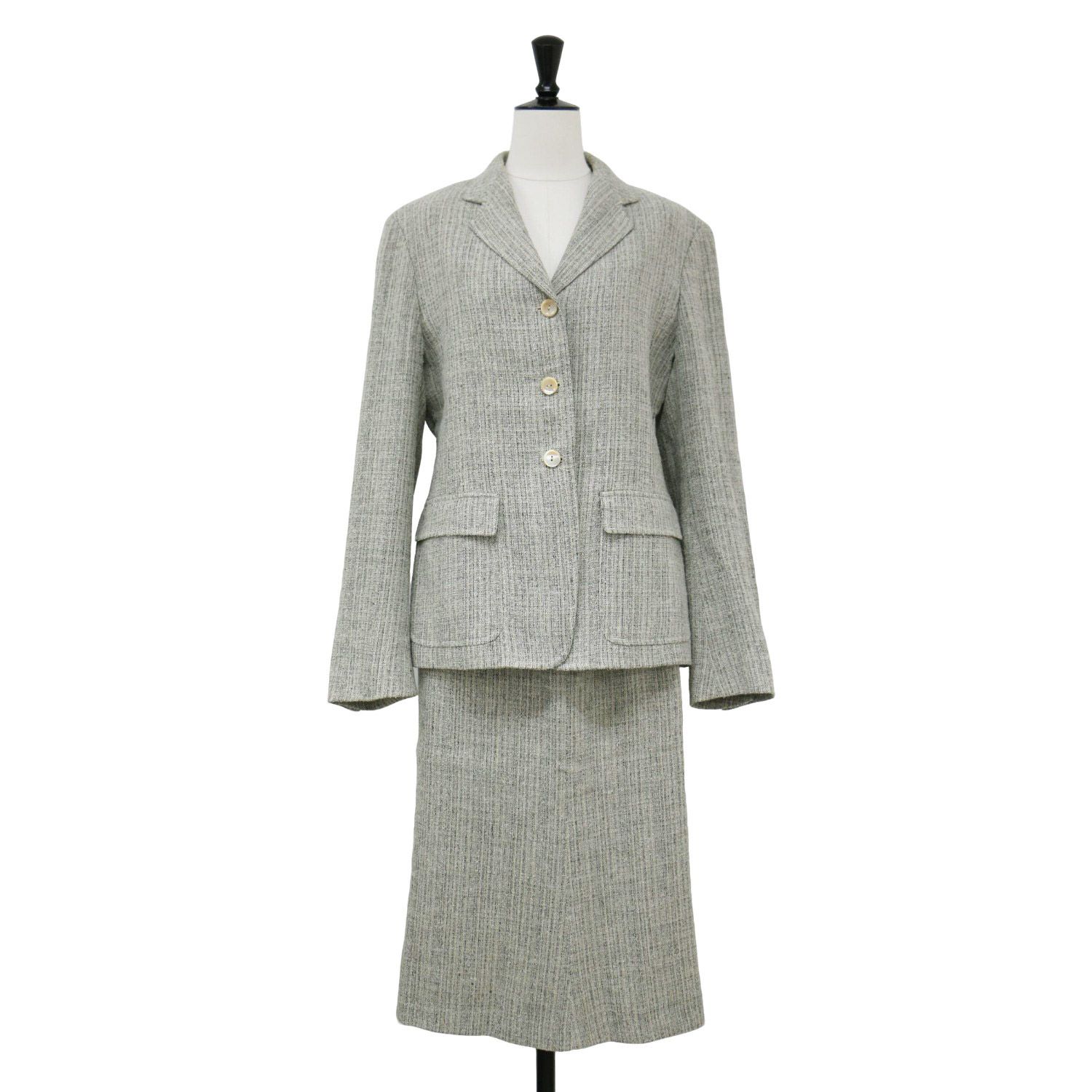 Max Mara マックスマーラ スーツ グレー系 サイズ 42 M～L | 40 M | ツイード スーツ テーラードジャケット スカート | シングル ミディ丈 ひざ下 リネン シルク | セットアップ | イタリア製 レディース