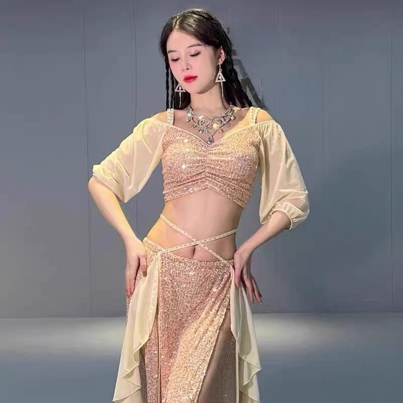 ベリーダンス オリエンタル衣装 ビーズ 社交ダンスドレス マーメイド スパンコール 演出用 ダンス衣装 セット レッスン着 3カラー選択