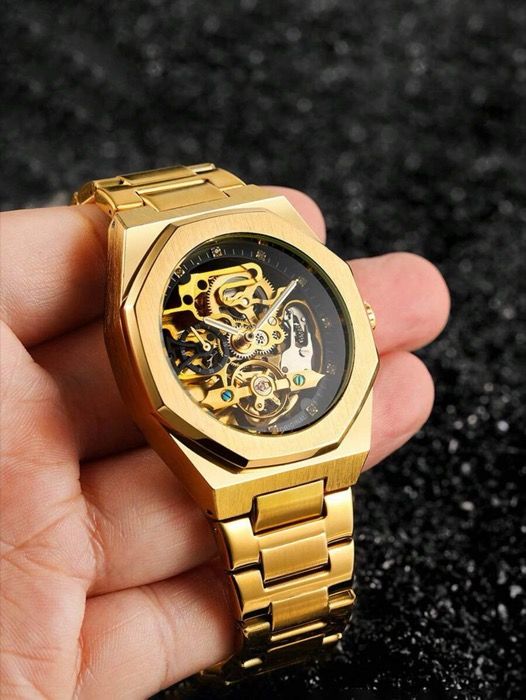 腕時計 メンズ 機械式 1個 メンズ自動巻き機械式腕時計 ゴールド ステンレススチールバンド カジュアル 夜光 中空 ダイヤモンド装飾 ファッショナブルで多用途