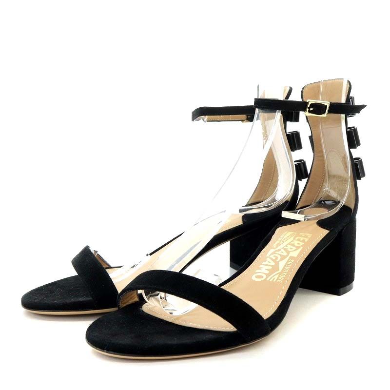 サルヴァトーレフェラガモ Salvatore Ferragamo Edgardo Osorio CONNIE ストラップサンダル チャンキーヒール リボン 5.5 22.5cm 黒 ブラック |MF OS