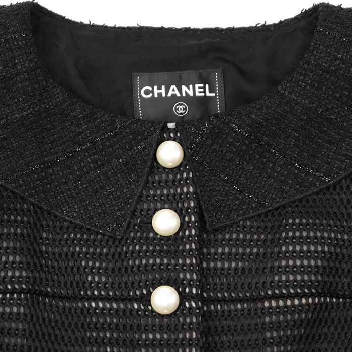 CHANEL ツイードリボン 黒 パールボタン CHANEL - シャネル CHANEL ジャケット ブラック 黒 ココCCボタン