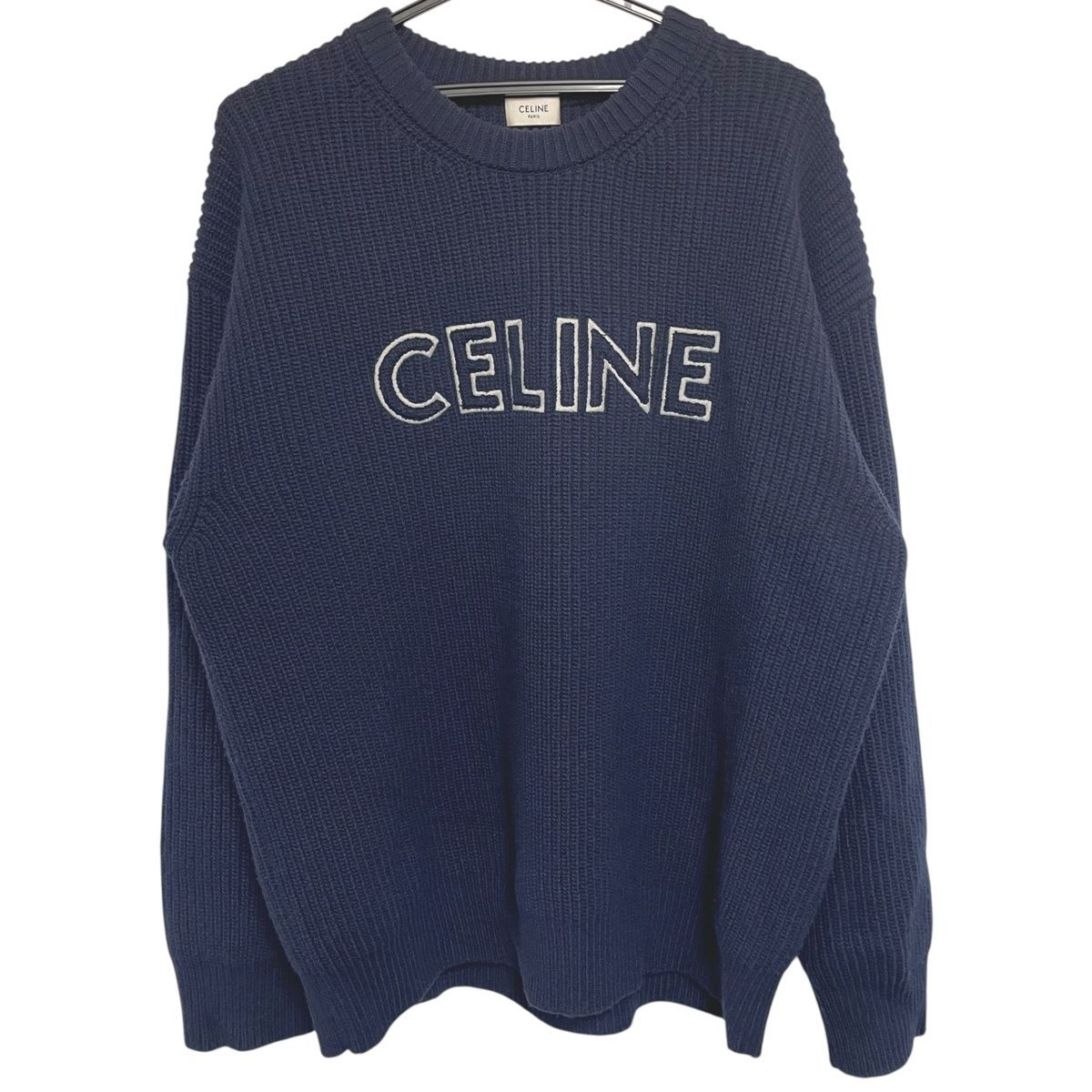CELINE セリーヌ オーバーサイズ クルーネックセーター RY02J0ZTQ.CAJ2 XSサイズ ネイビー ロゴ ウール 24032574DS