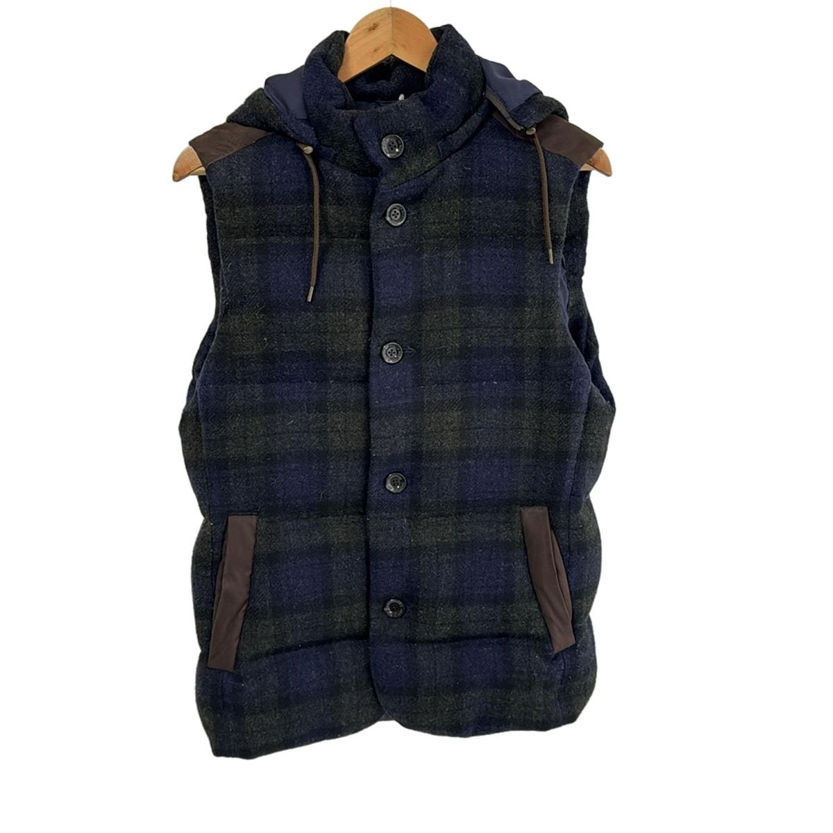 COMME CA MEN コムサメン ダウンベスト サイズL メンズ - ダークネイビー×カーキ チェック柄|冬