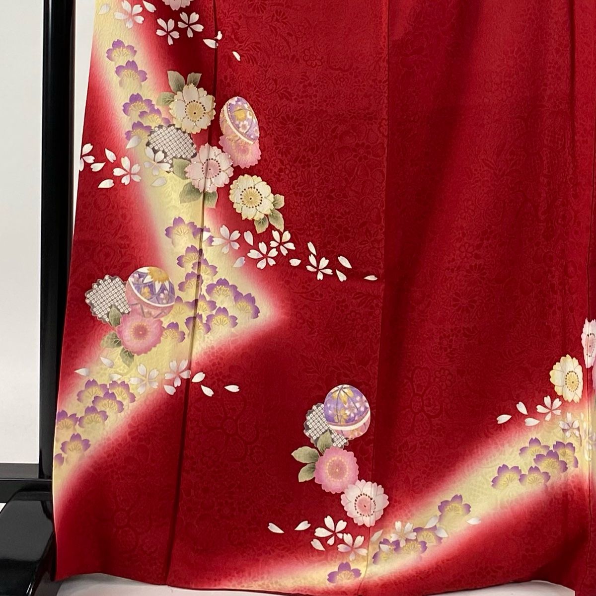 振袖 身丈170cm 裄丈64cm M 袷 袋帯フルセット 桜 鞠 箔 金彩 赤 正絹 秀品