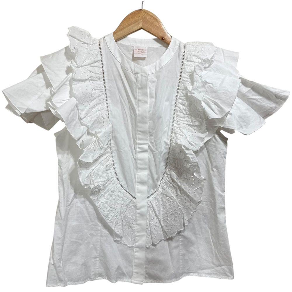 美品 23SS LORETTA CAPONI ロレッタカポーニ ドゥロワー取り扱い 半袖 比翼仕立て フリル ブラウス S ホワイト レディース 古着 中古 中古】美品 23SS LORETTA CAPONI ロレッタカポーニ ドゥロワー
