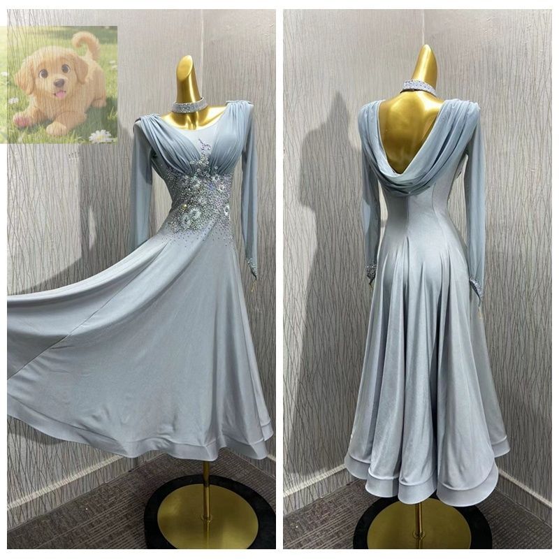 人気品 セミオーダードレス レディース社交ダンス衣装 ダンスドレス モダン練習試合用ダンスドレス モチーフ飾り グレー