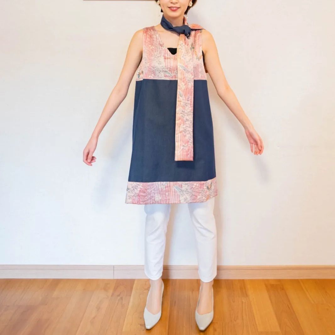 Kanata着物リメイク 煌めくきらら絞りとシルクデニムのチュニック