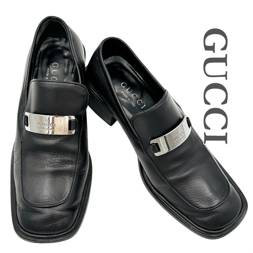 GUCCI ヒールローファー 本革 ロゴプレート ブラック 1694T GUCCI ヒールローファー 本革 ロゴプレート ブラック 1694T