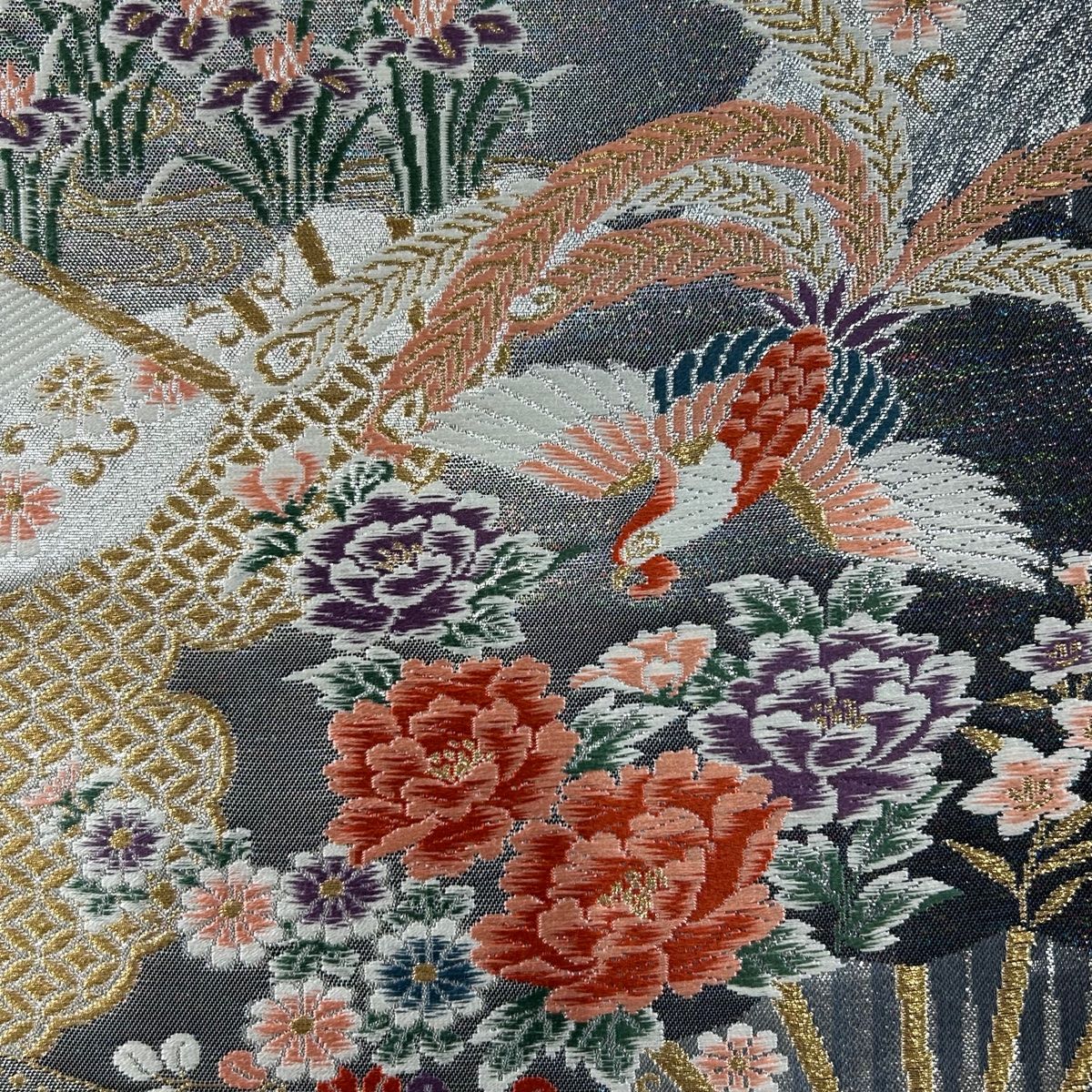 袋帯 美品 秀品 本金箔 扇面花影文 鳥 桜 金銀糸 箔 ベージュ
