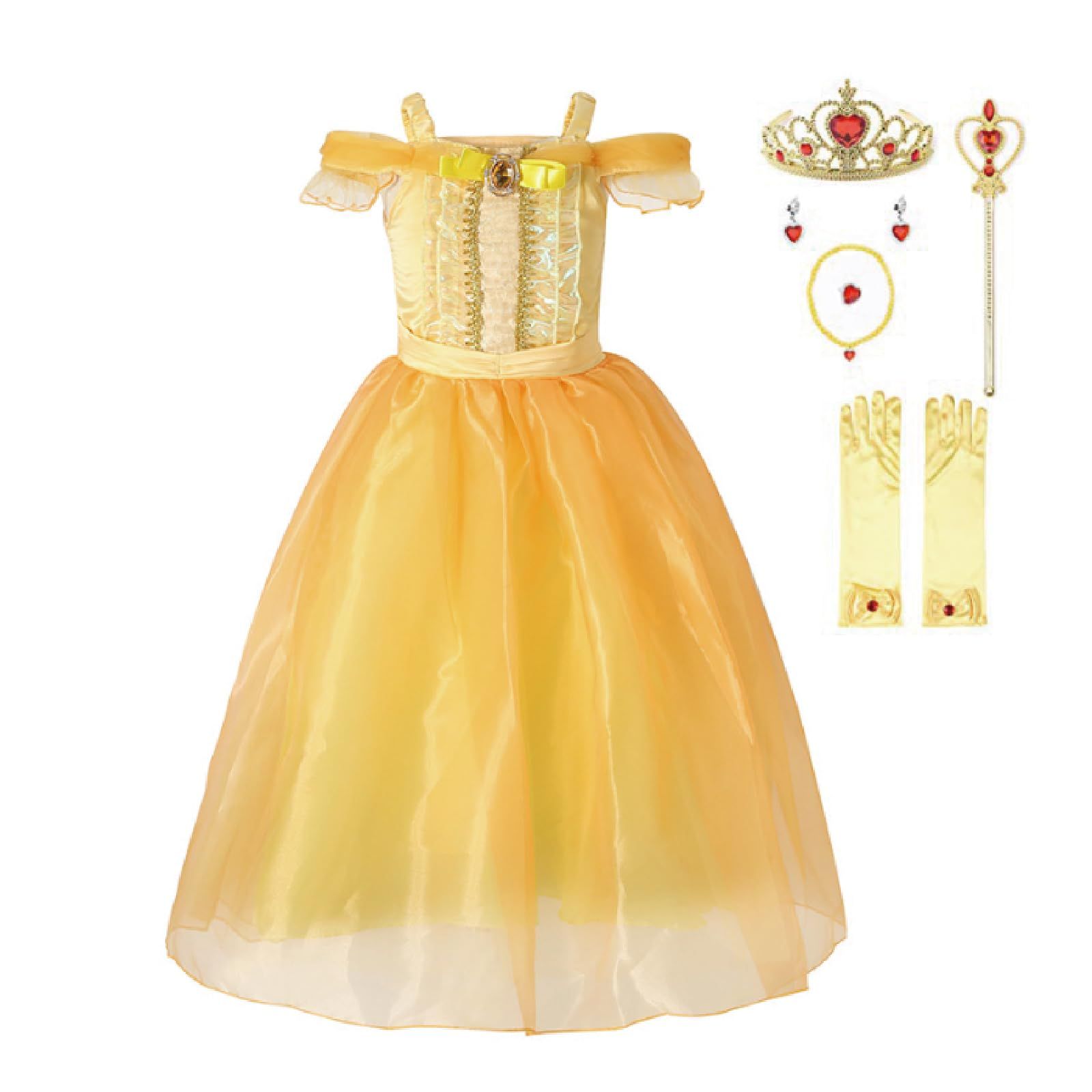 [maru5] プリンセス ドレス キッズドレス コスチューム お姫様 なりきり ワンピース クリスマス ハロウィン 発表会 豪華 7点セット ベルドレス 黄色 イエロー (140cm) [140]