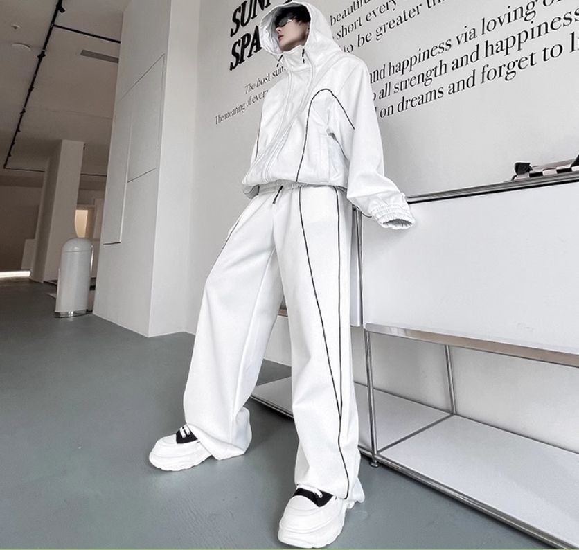 Wジッパー フード付きデザインワイドレッグパンツ セットアップ