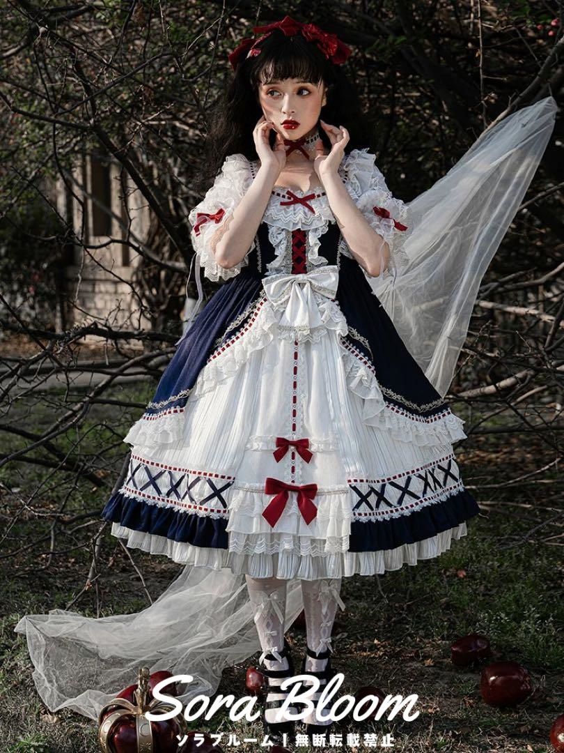 ロリータファッション♪白雪姫風ひざ丈ワンピース☆普段のお出かけや女子会にも！ 新品未使用ロリータファッション♪白雪姫風ひざ丈ワンピース