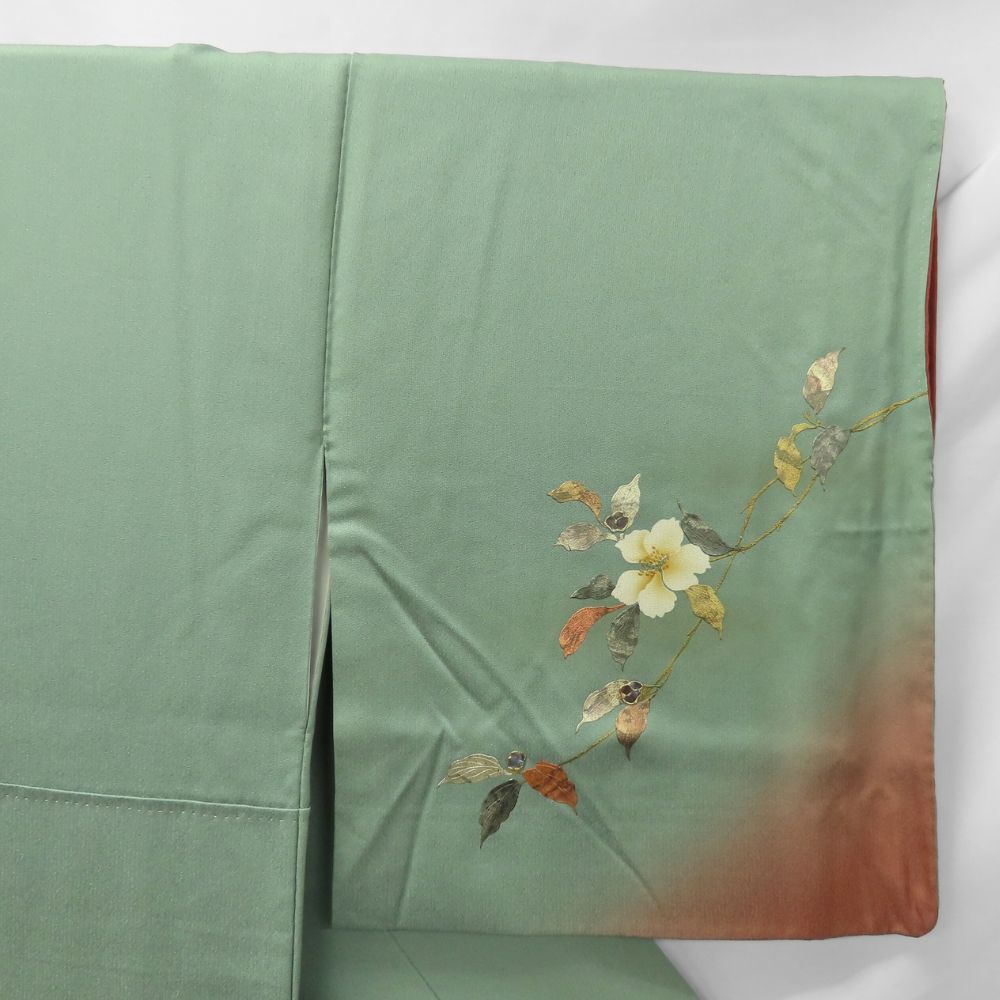 【中古】 訪問着・付下 正絹(金銀糸除く) グリーン系 草花柄 お洒落 和装 呉服 和服 きもの レディース 女性 中古】 訪問着・付下 正絹(金銀糸除く) グリーン系 草花柄 お洒落 和装
