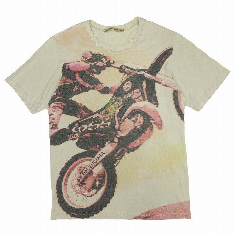 美品 2004年 00s バレンシアガ BALENCIAGA ヴィンテージ バイク ライダー プリント Tシャツ カットソー トップス 半袖 クルーネック コットン vintage オールド アーカイブ サイズS アイボリー オフホ