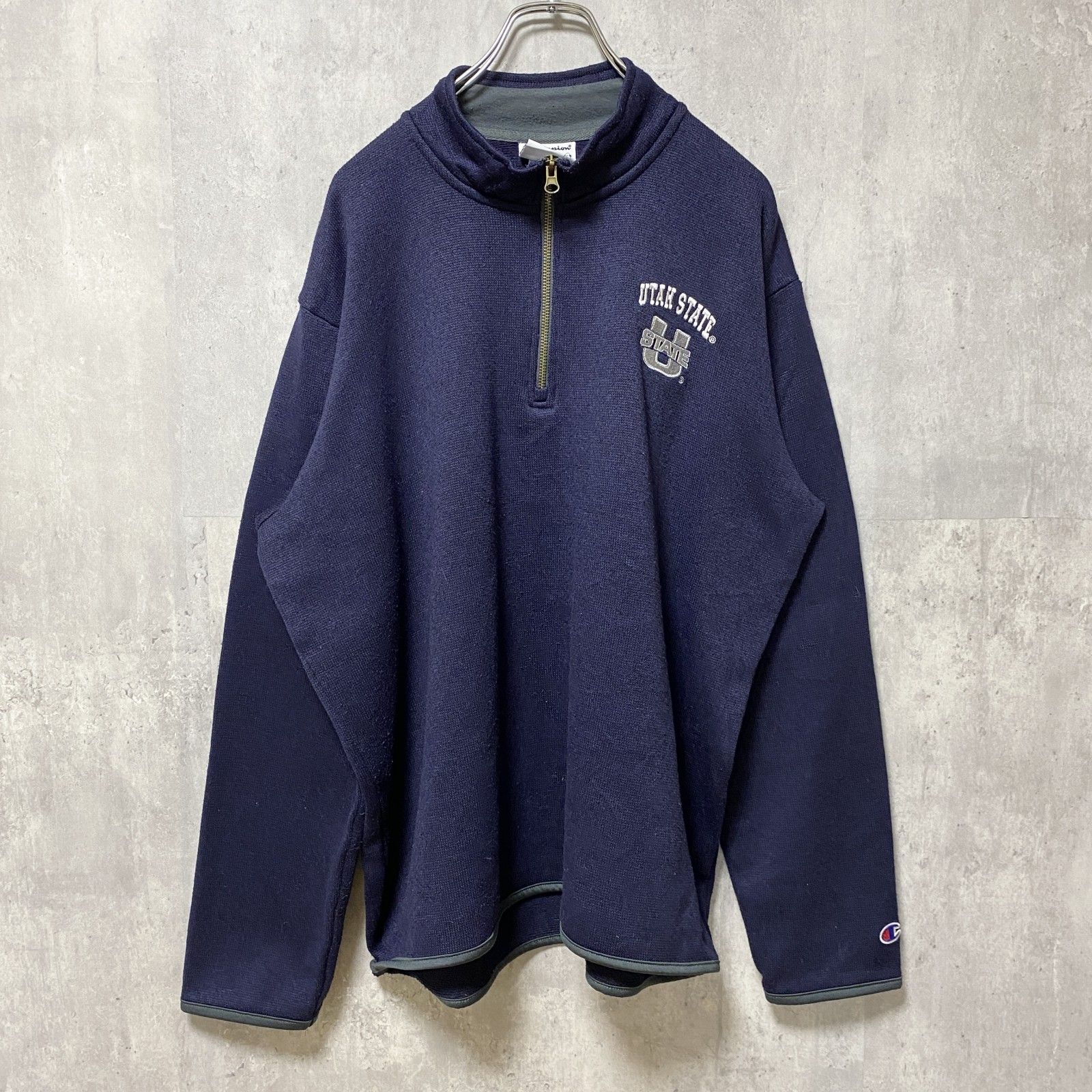 古着 used Champion チャンピオン 長袖ハーフジップ刺繍スウェット トレーナー ネイビー カレッジ 大学 ユタ州 - メルカリ