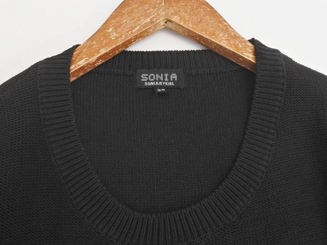 美品/ソニアリキエル SONIA RYKIEL ニットカットソー 表記 38号 9号 相当 黒 ブラック レディース 秋 冬 トップス ボーダー 綿100 7分袖 SONIA RYKIEL ソニアリキエル カラフルビーズ ニット カットソー