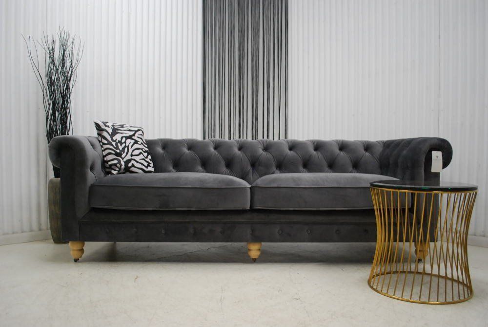 アウトレット 現品限り 大 入荷 一部 チェスターフィールドソファー ラグジュアリー ワイドソファー ベロア調 グレー