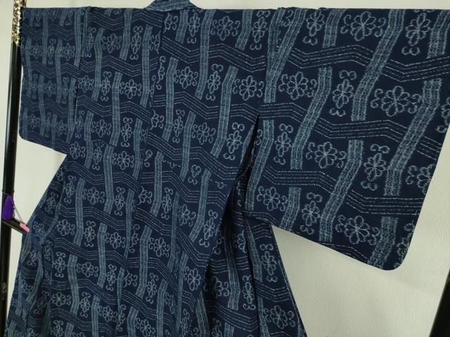 平和屋本店□極上 伝統正藍 中尾公子 久留米絣 単衣 綿 花格子