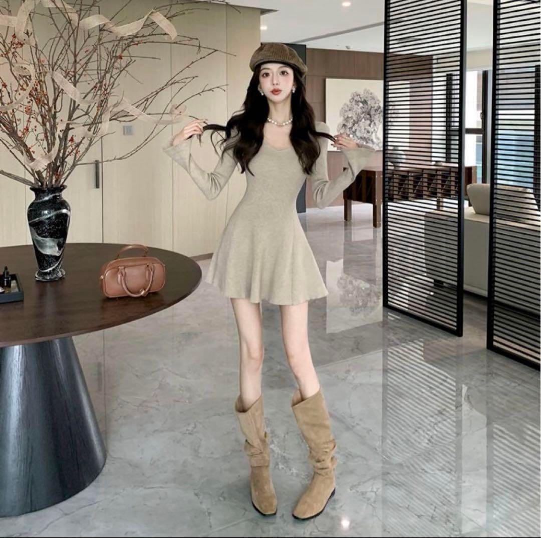 韓国 服 レディース ワンピース グレー 長袖 パーティー ミニドレス ニット 韓国 服 レディース ワンピース グレー 長袖 パーティー ミニ