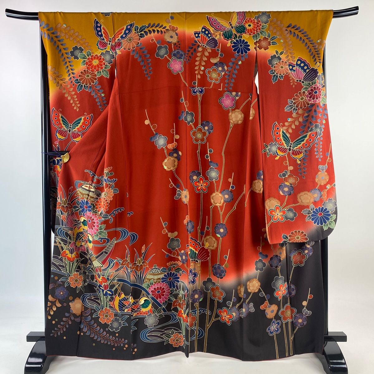 振袖 身丈165cm 裄丈69cm L 袷 落款 鴛鴦 草花 染め分け 赤 正絹 名品  