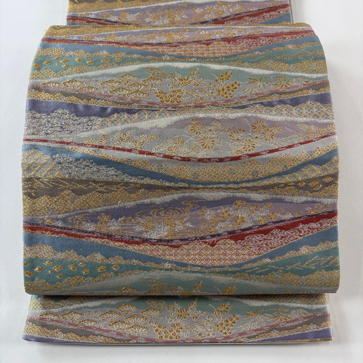 袋帯 秀品 松竹梅 幾何学 金銀糸 薄緑 六通 正絹