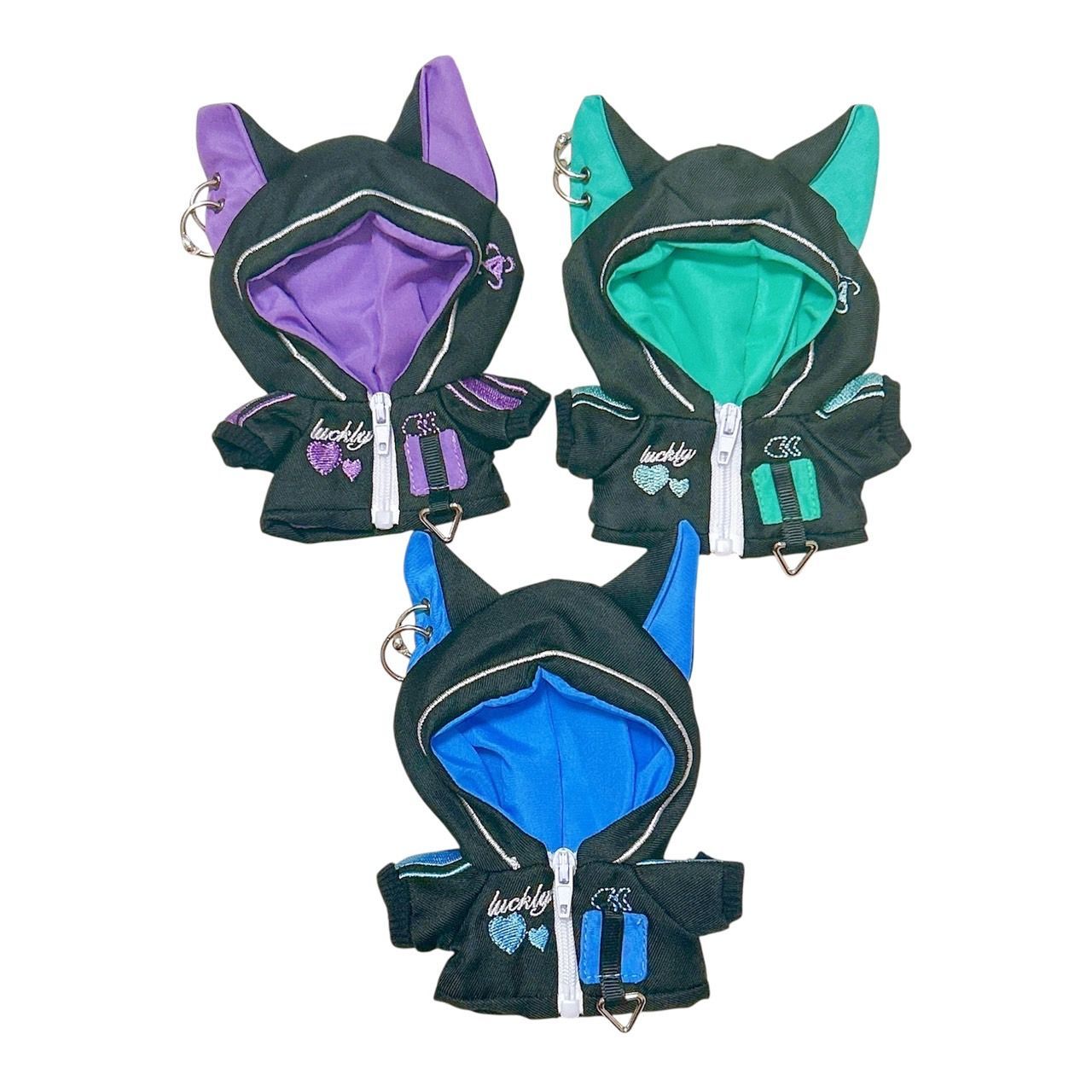 ぬい服 10cm かわいい サイバー風 猫耳フード Y2k 緑 青 紫