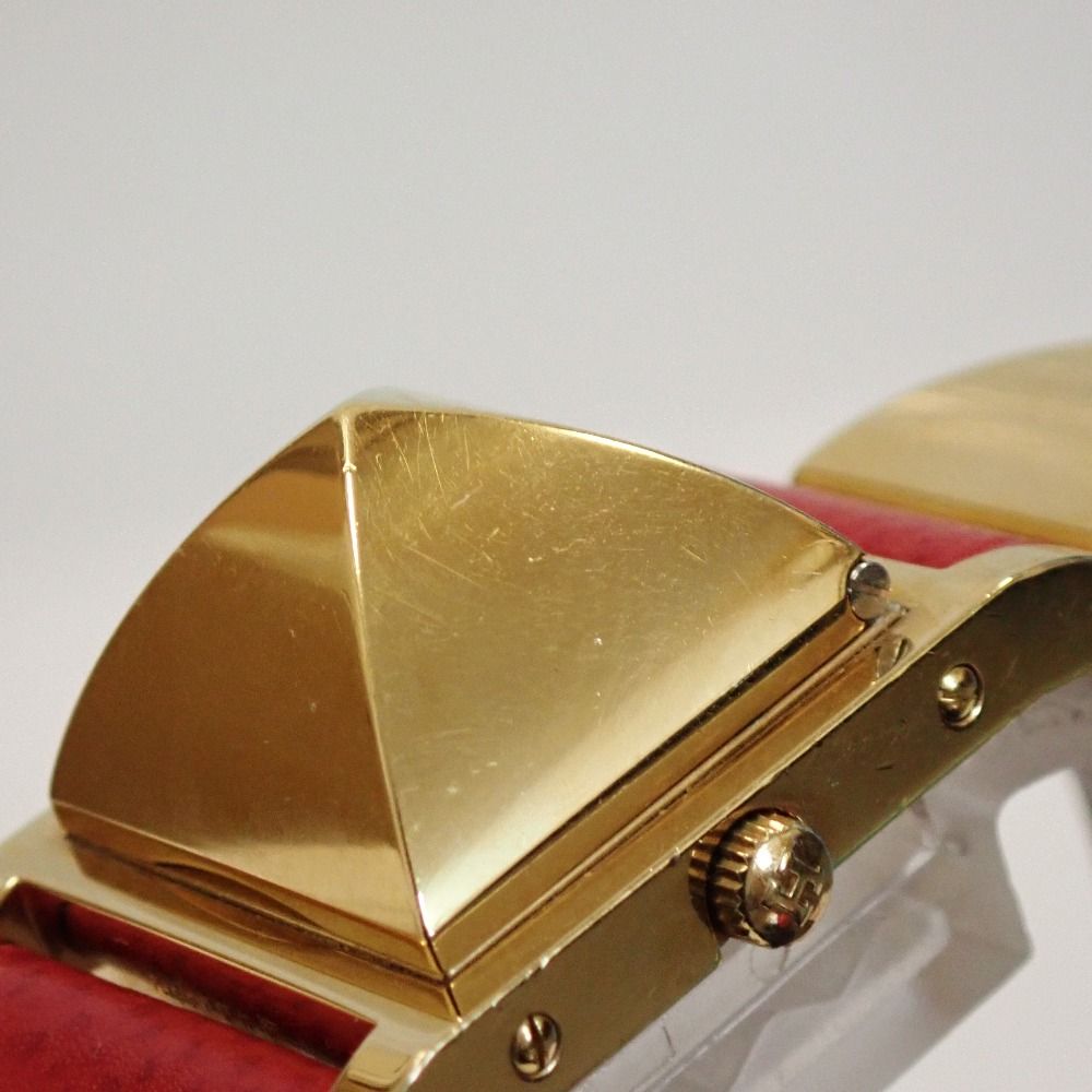 HERMES】エルメス メドール 金メッキ×レザー 赤 クオーツ