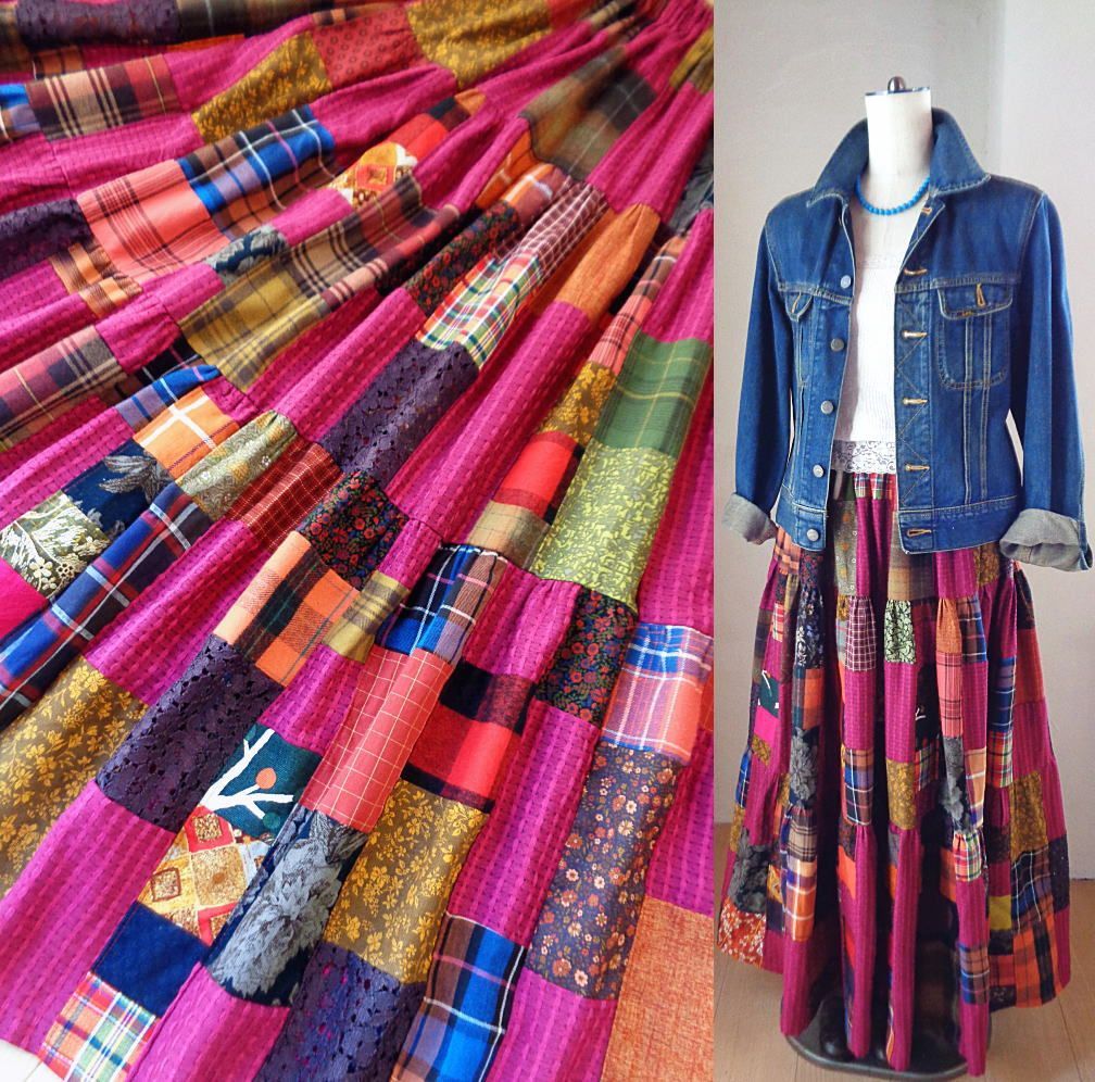 絵画なパッチワーク Heart マゼンタピンク ボリュームティアードギャザースカート マキシ丈