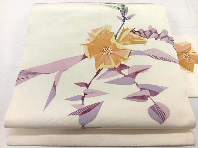 平和屋着物◎塩瀬 九寸名古屋帯 作家物 手描き 枝花文 正絹