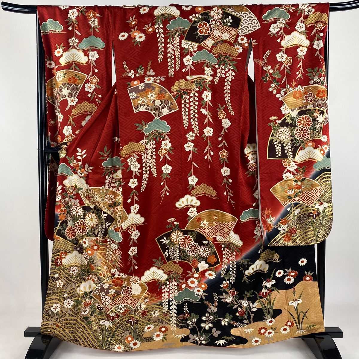 振袖 身丈162.5cm 裄丈68cm L 袷 鈴乃屋 扇面 花車 金糸 金彩 赤 正絹 名品