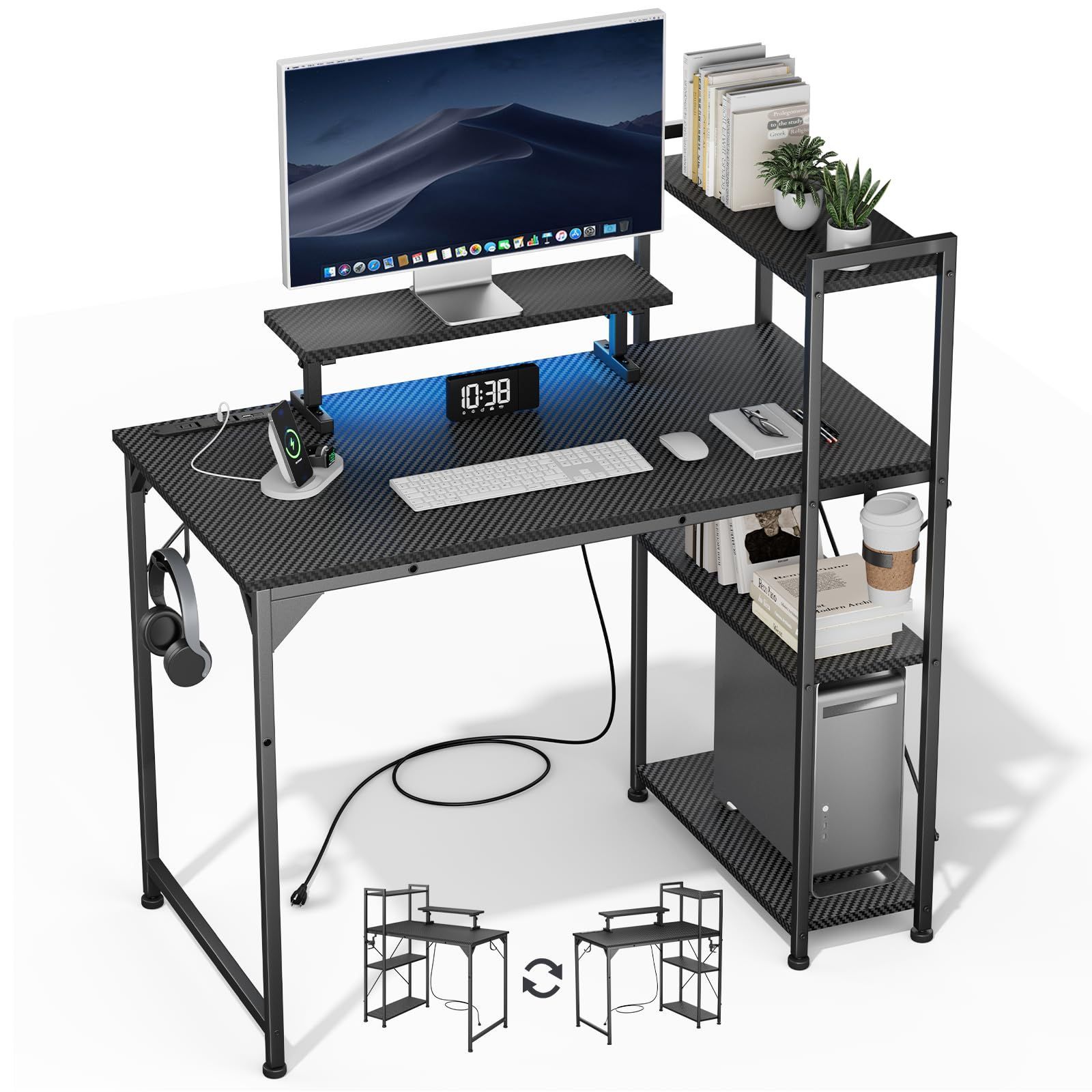 パソコンデスク 黒 幅107cm 棚付き コンセント付き ゲーミングデスク 収納 モニター台付き pcデスク DOMICON オフィスデスク 学習机 作業机 computer desk おしゃれ 組立簡単