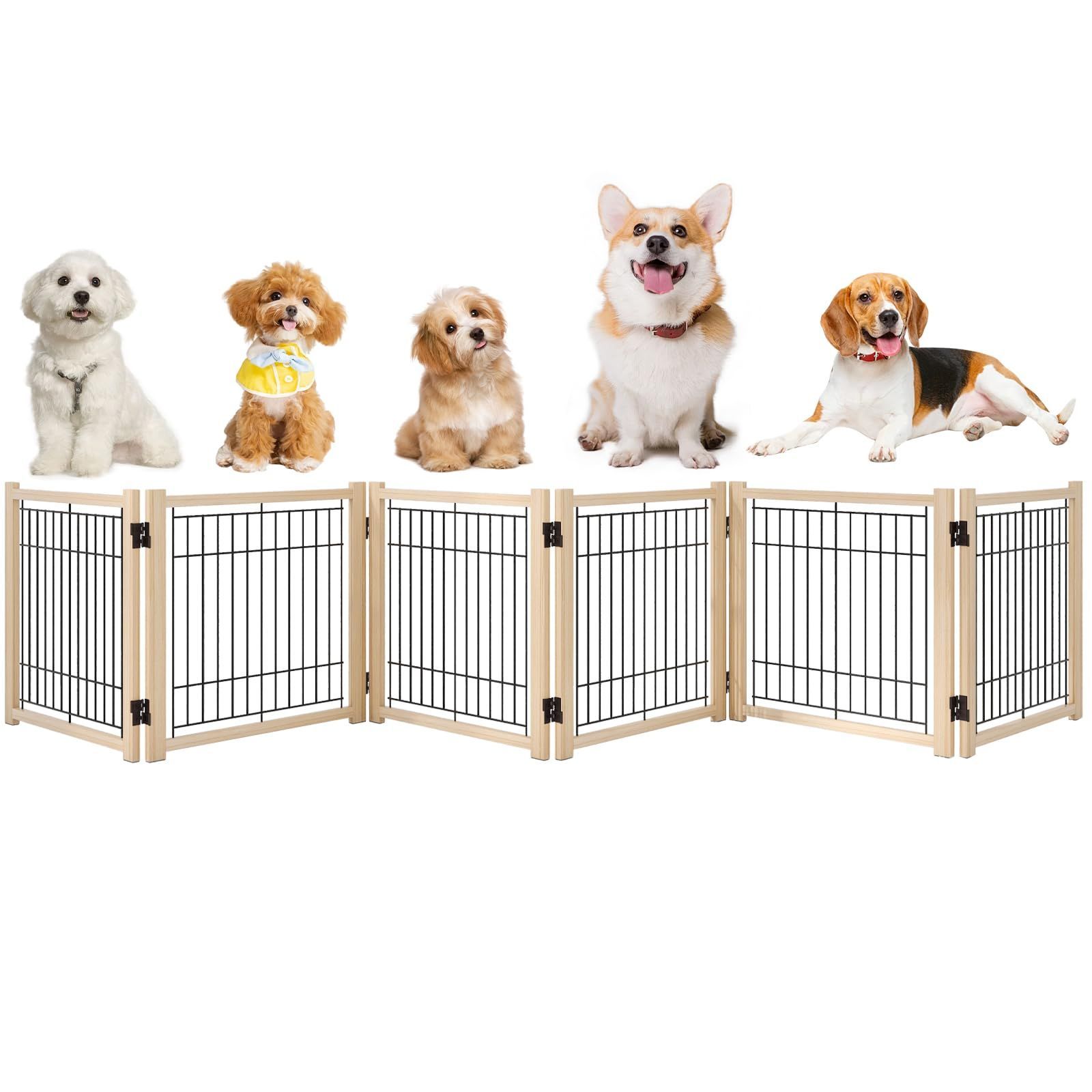 中小型犬用 簡単設置 倒れない設計 幅351cm 高さ58cm 脱走飛び出し防止 柵 犬 木製 室内 ペットフェンス 折りたたみ ペットサークル ペットゲート Oapety