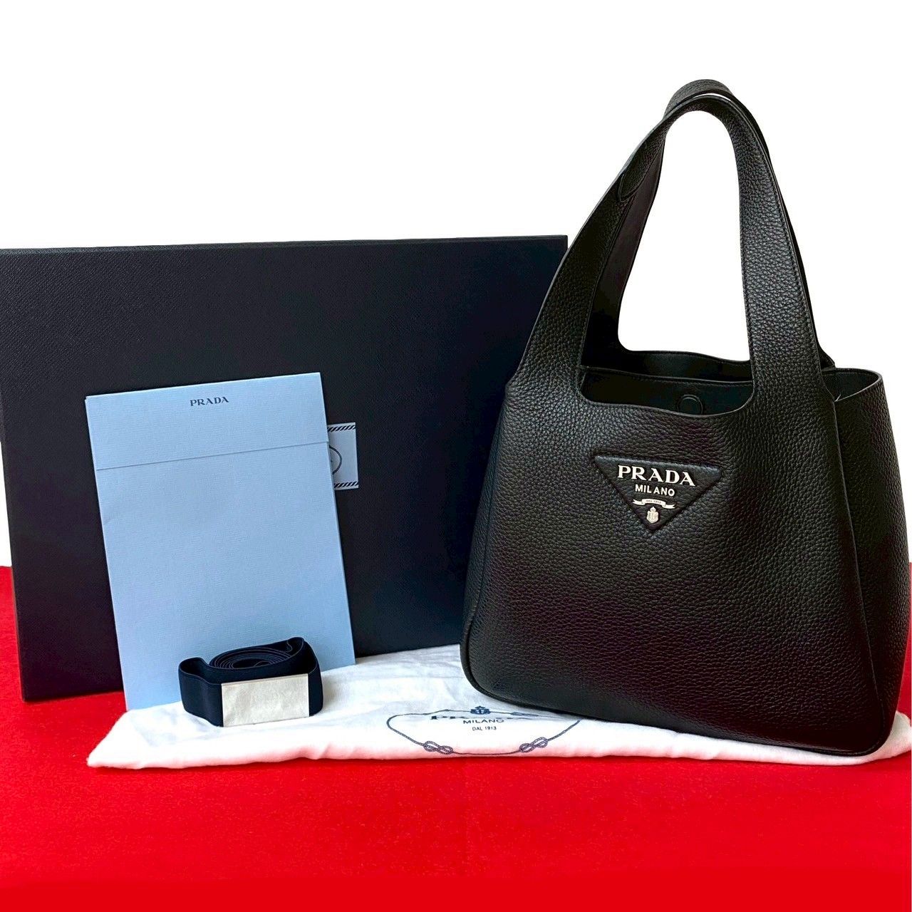 PRADA プラダ トートバッグ ヴィッテロダイノ 三角ロゴ 肩掛け ブラック 極 美品 箱 袋付き PRADA プラダ ヴィッテロダイノ 三角ロゴ