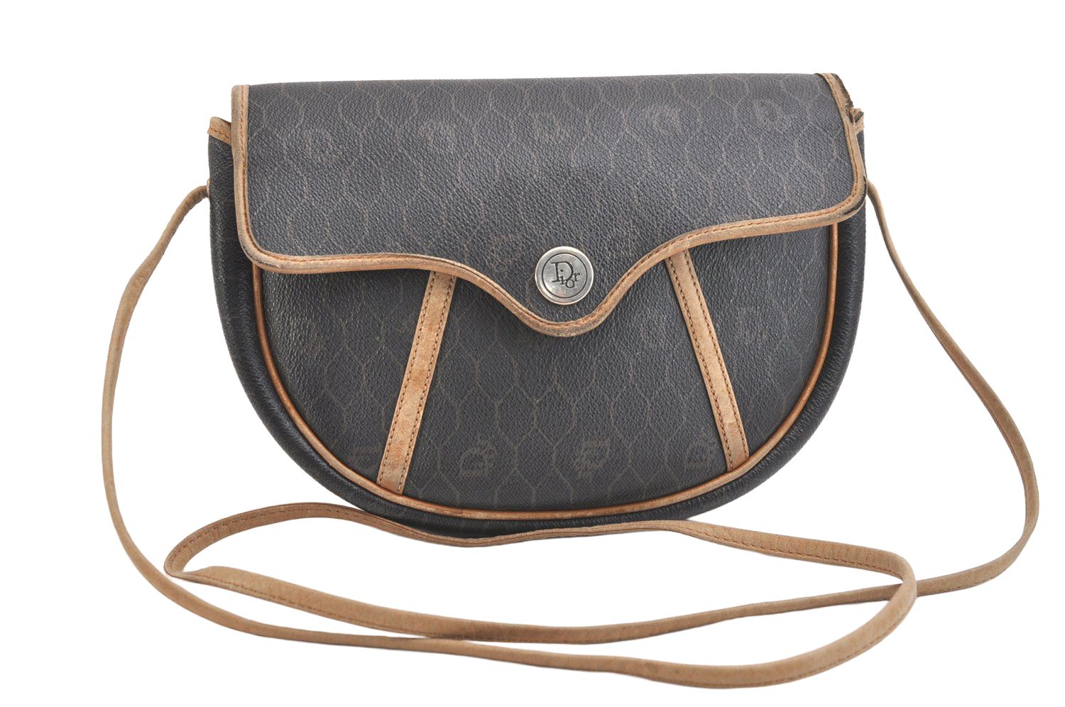 Christian Dior ディオール ハニカム柄 ショルダーバッグ 財布 ピーブイシー レザー ブラック 2449N