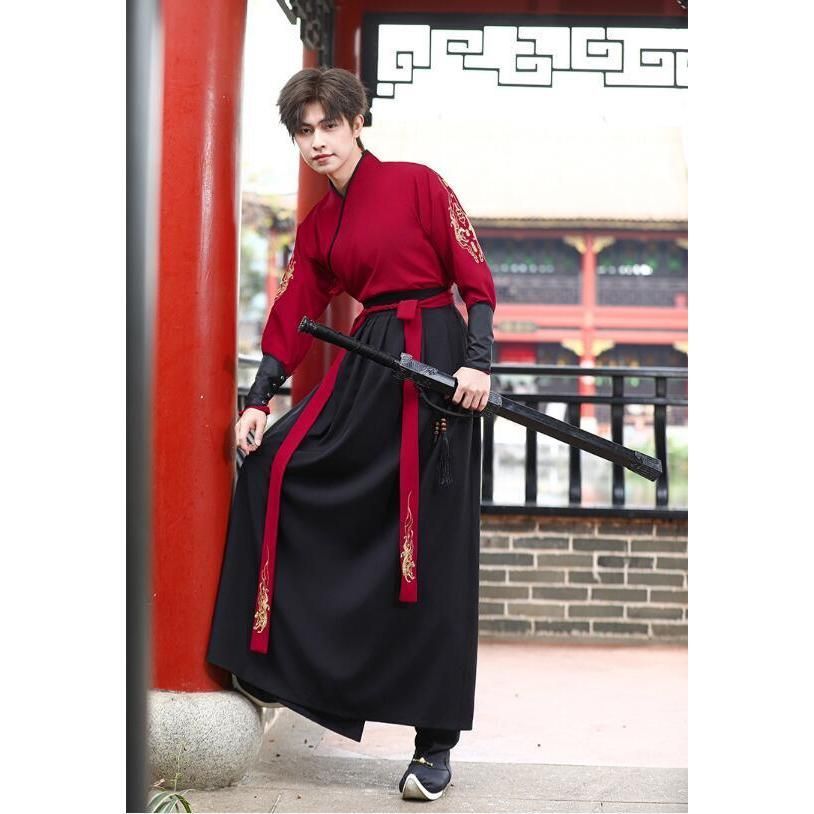 華流コスプレ衣装 メンズ漢服 中国古代服装 明朝 侠客 禁衛軍 剣士 コスチューム 刺しゅう交差襟 ブラウス 巻きスカートセット着脱やすい WWW_IMPECCABLEHEALTHCARESERVICES_COM