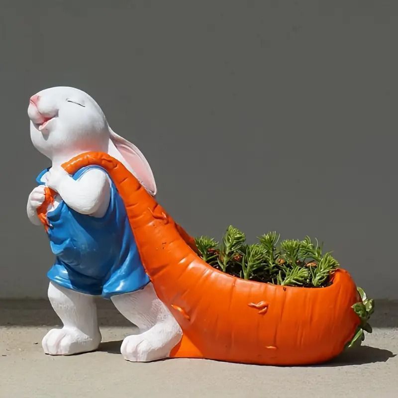 人参を引っ張るうさぎのオブジェ 植木鉢 鉢 ポット 置物 オブジェ うさぎ ウサギ ラビット 動物 屋外彫像 庭 バルコニー 春 夏 イースター