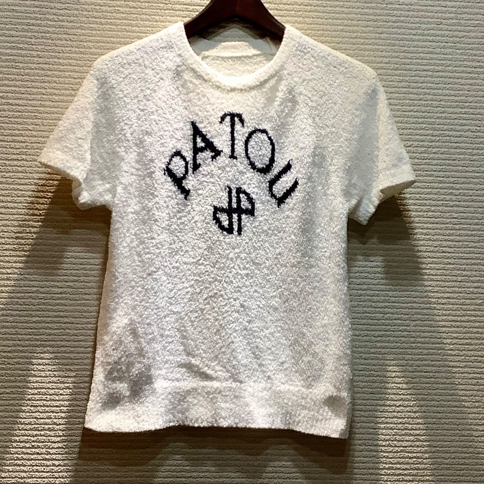 パトゥ PATOU ロゴ パイル ニット トップス Tシャツ 半袖 白 ホワイト 黒 ブラック レディース S～Mサイズ相当 F609|T3