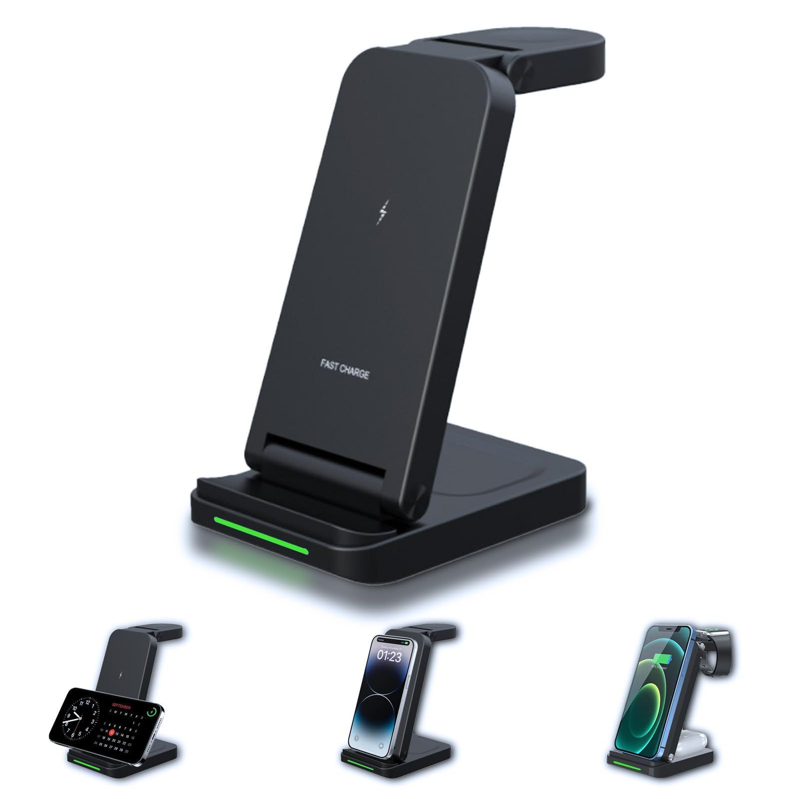 【数量限定】Pro/Apple i-Phone/Air-Pods watch/Galaxy/Xperia対応 Qi認証 最大15W出力 折りたたみ式 ＞ 1 充電スタンド in 3 置くだけ充電 ＜ ワイヤレス充電器 (ブラック) [SK-CinDa]