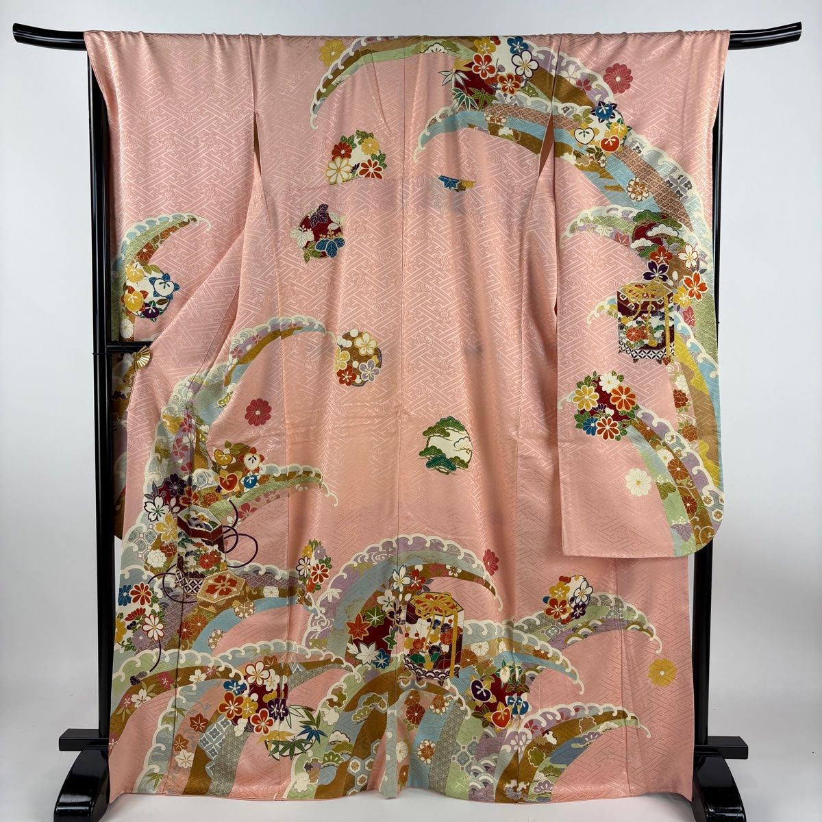 振袖 身丈168cm 裄丈68cm L 袷 貝桶 波 金糸 金彩 サーモン