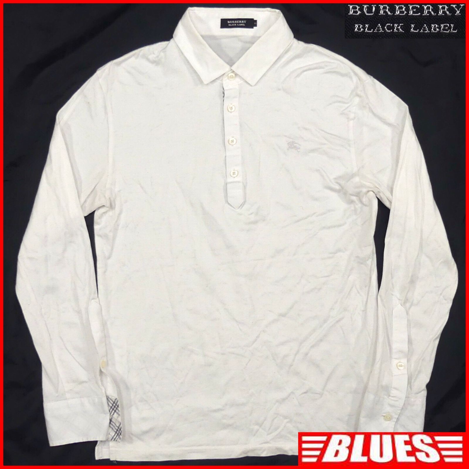 BURBERRY BLACK LABEL 廃盤 バーバリーブラックレーベル ポロシャツ M 長袖シャツ 古着 メンズ 2 チェック 刺繍 白 ホワイト 長袖 シャツ ポロシャツサイズM一覧←SEULB屋着古← TY3995